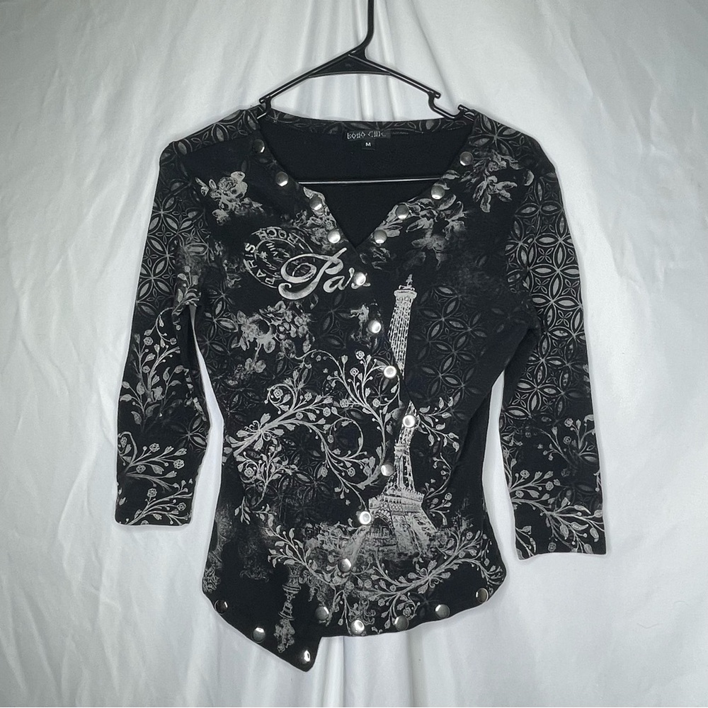 Boho Chic Paris Floral Black and Gray Graphic Top Shirt Size M